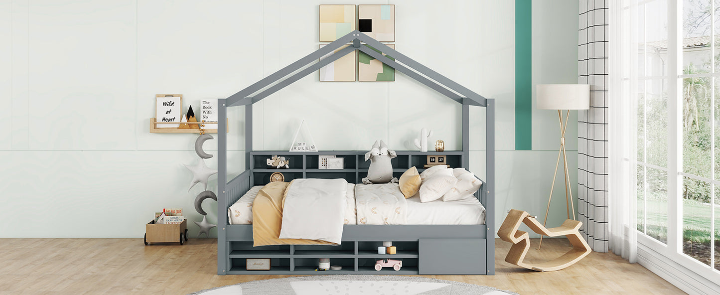 Full Size Wooden House Bed with Shelves and a Mini-cabinet, Gray