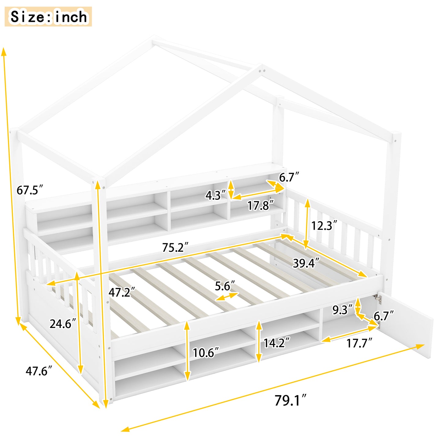 Twin Size Wooden House Bed with Shelves and a Mini-cabinet, White