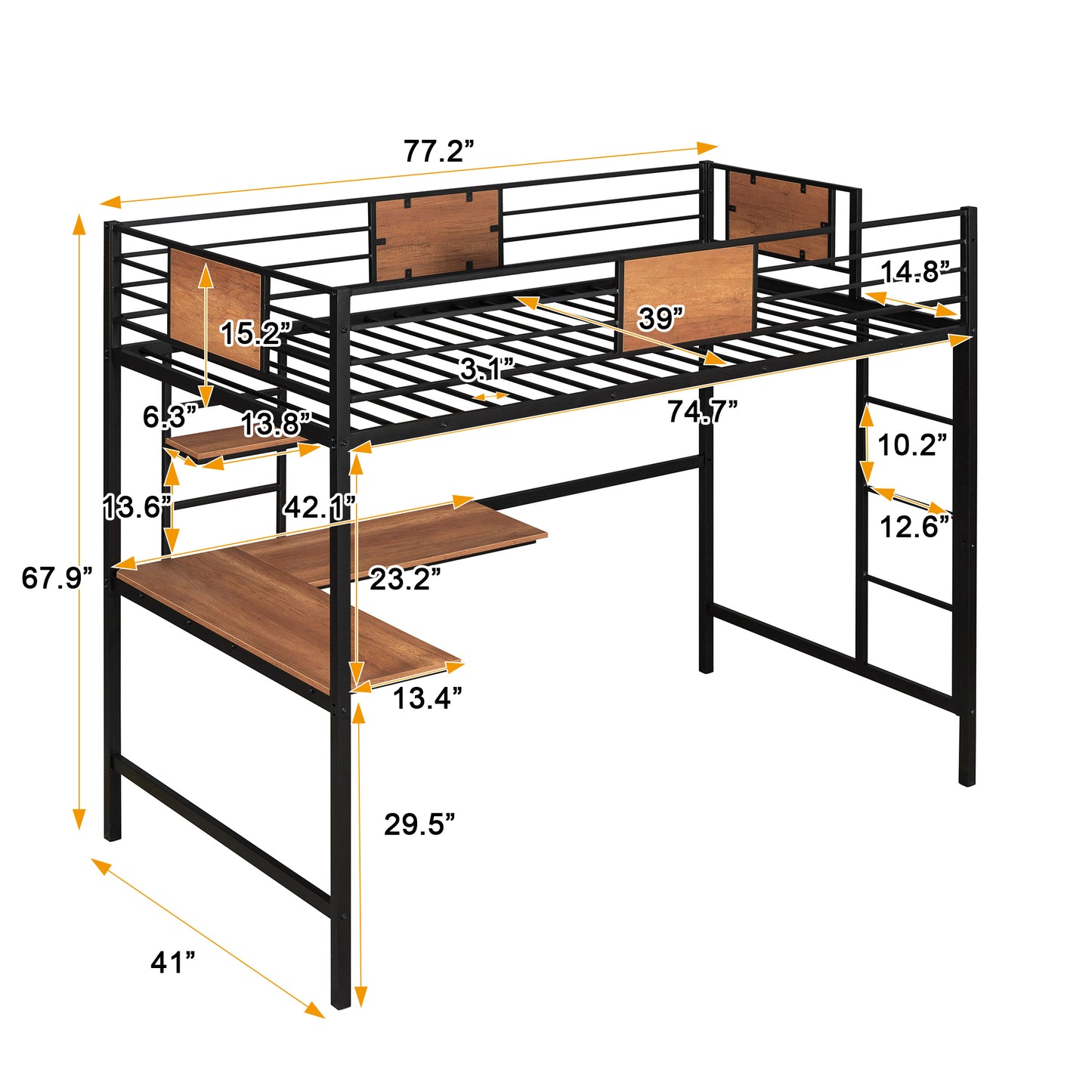 Twin Metal Loft Bed with Desk and Shelve,Black