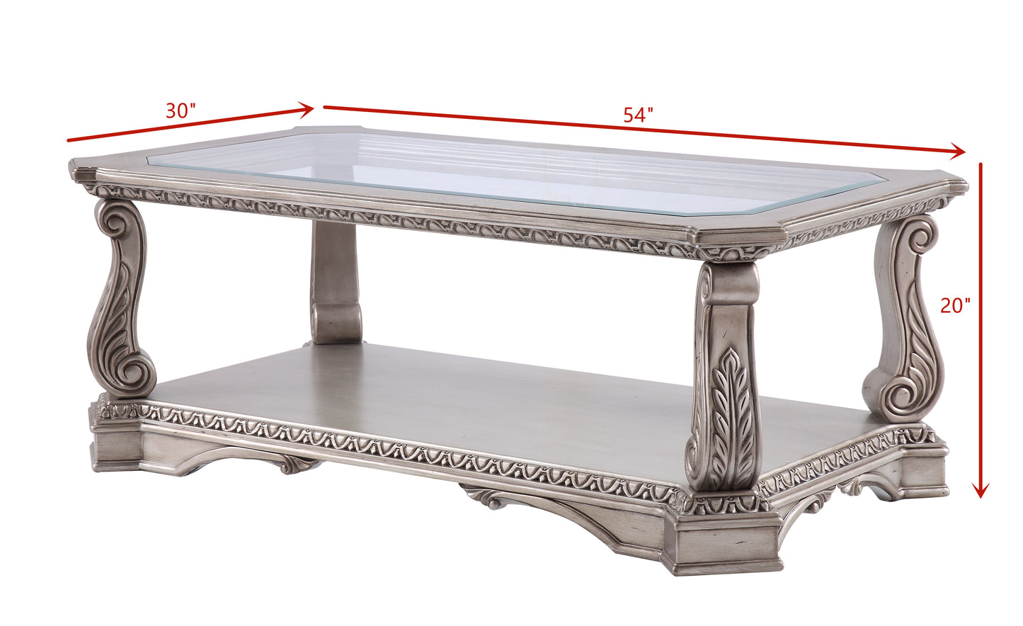 Northville Antique Silver Coffee Table with Clear Glass Top