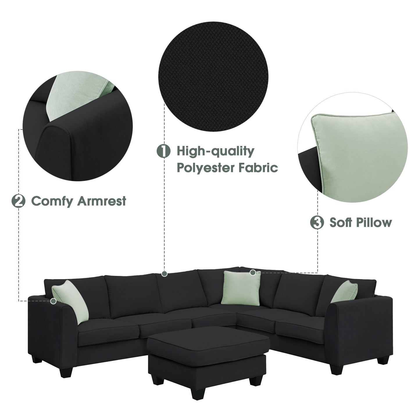 L-Shaped Black Sectional Couch Set with Ottoman and Pillows