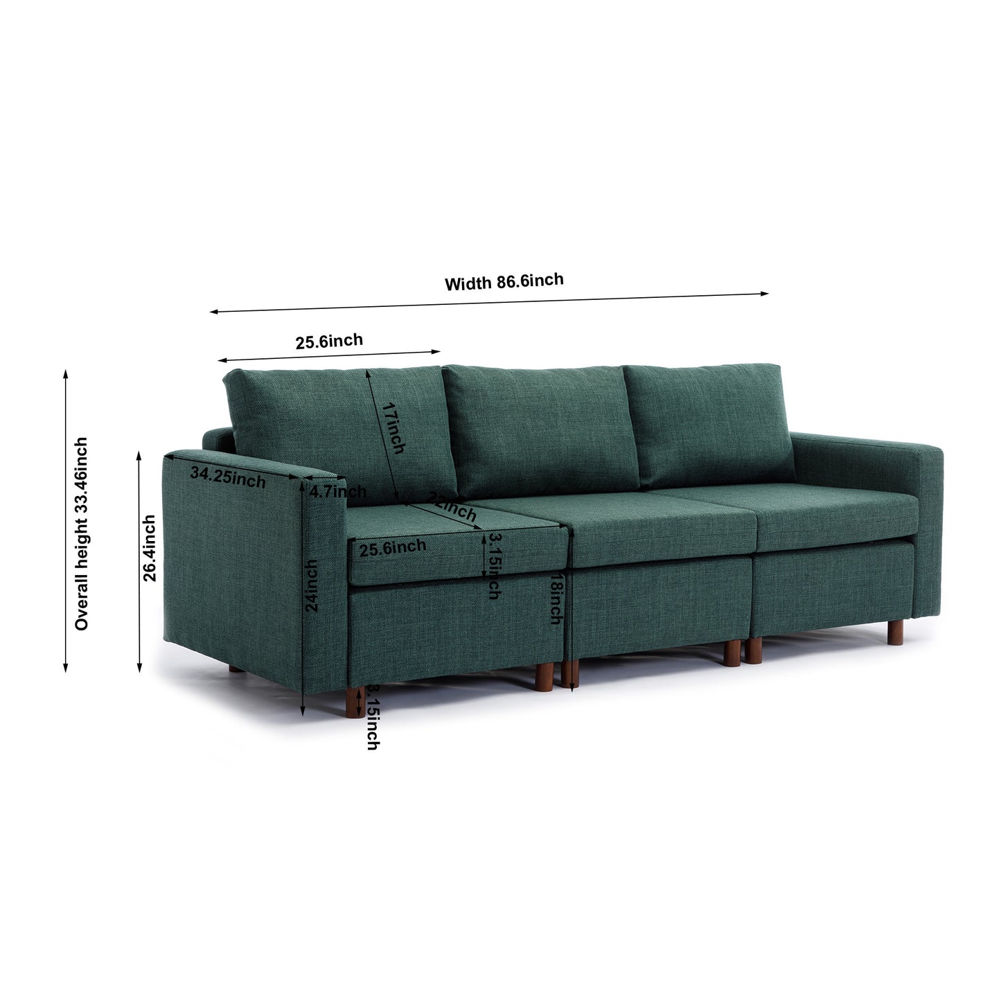 Modular Green Sectional Sofa Set with Ottoman and High-Quality Linen Fabric