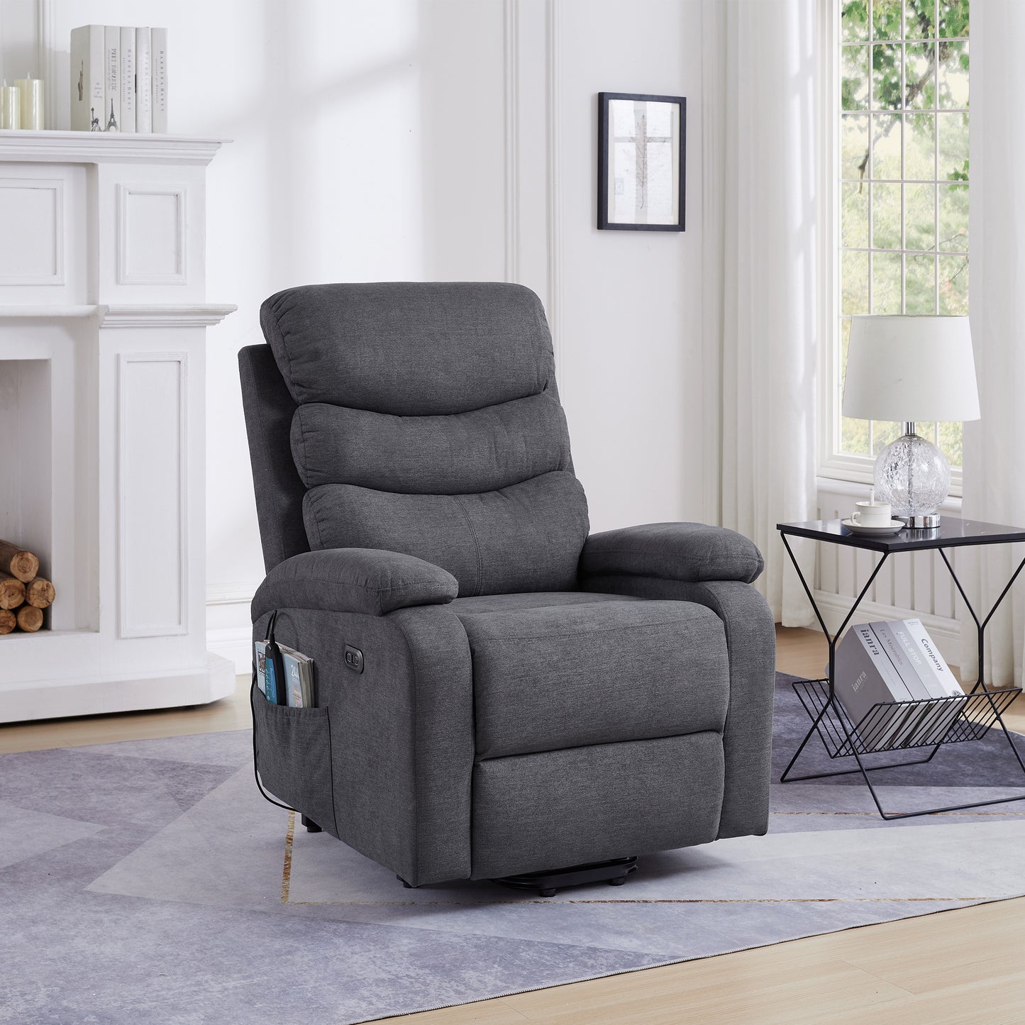 Electric Power Lift Recliner Chair with Massage and Heating - Grey Linen Fabric and USB Port