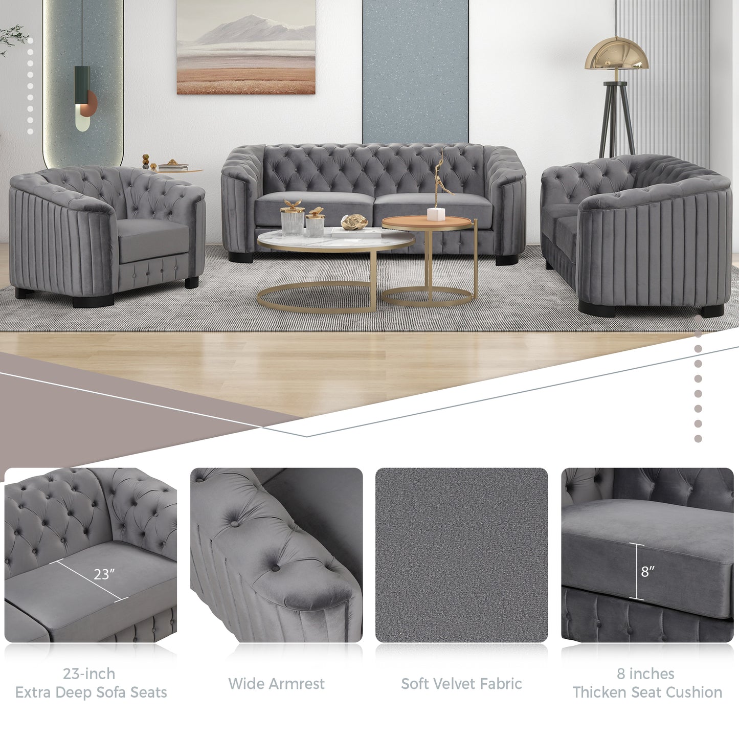 Modern Gray Velvet Loveseat Sofa with Removable Seat Cushion