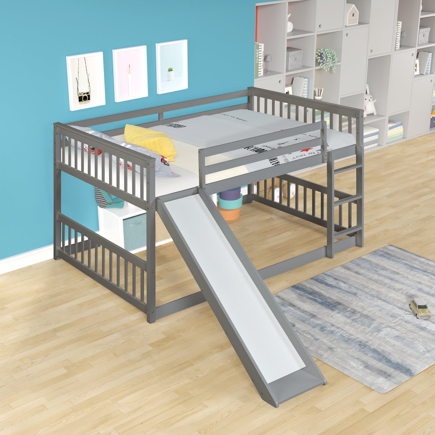 Grey Bunk Bed with Slide, Ladder, and Modern Design