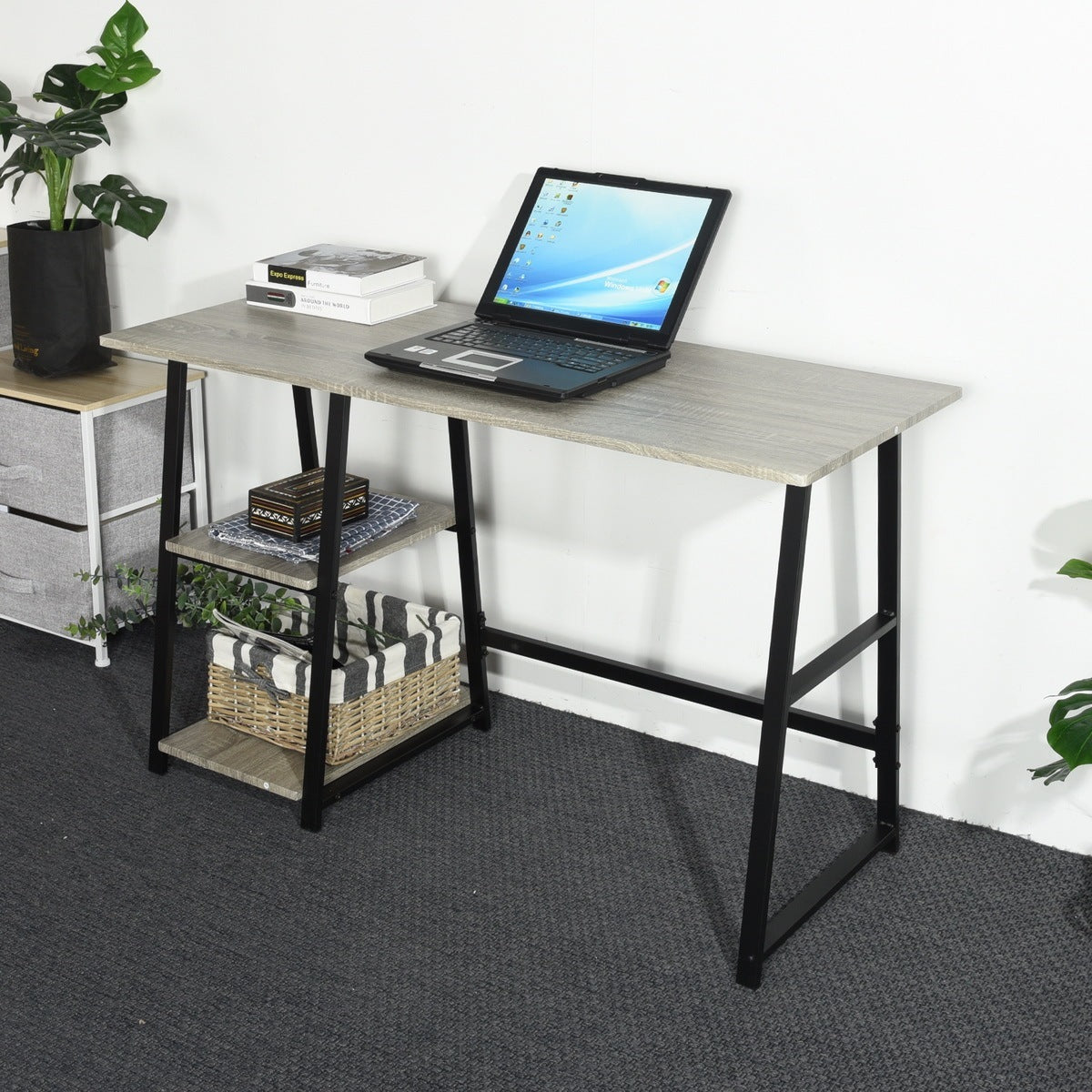 Adjustable Wooden Desk with 2 Open Shelves - GREY & BLACK