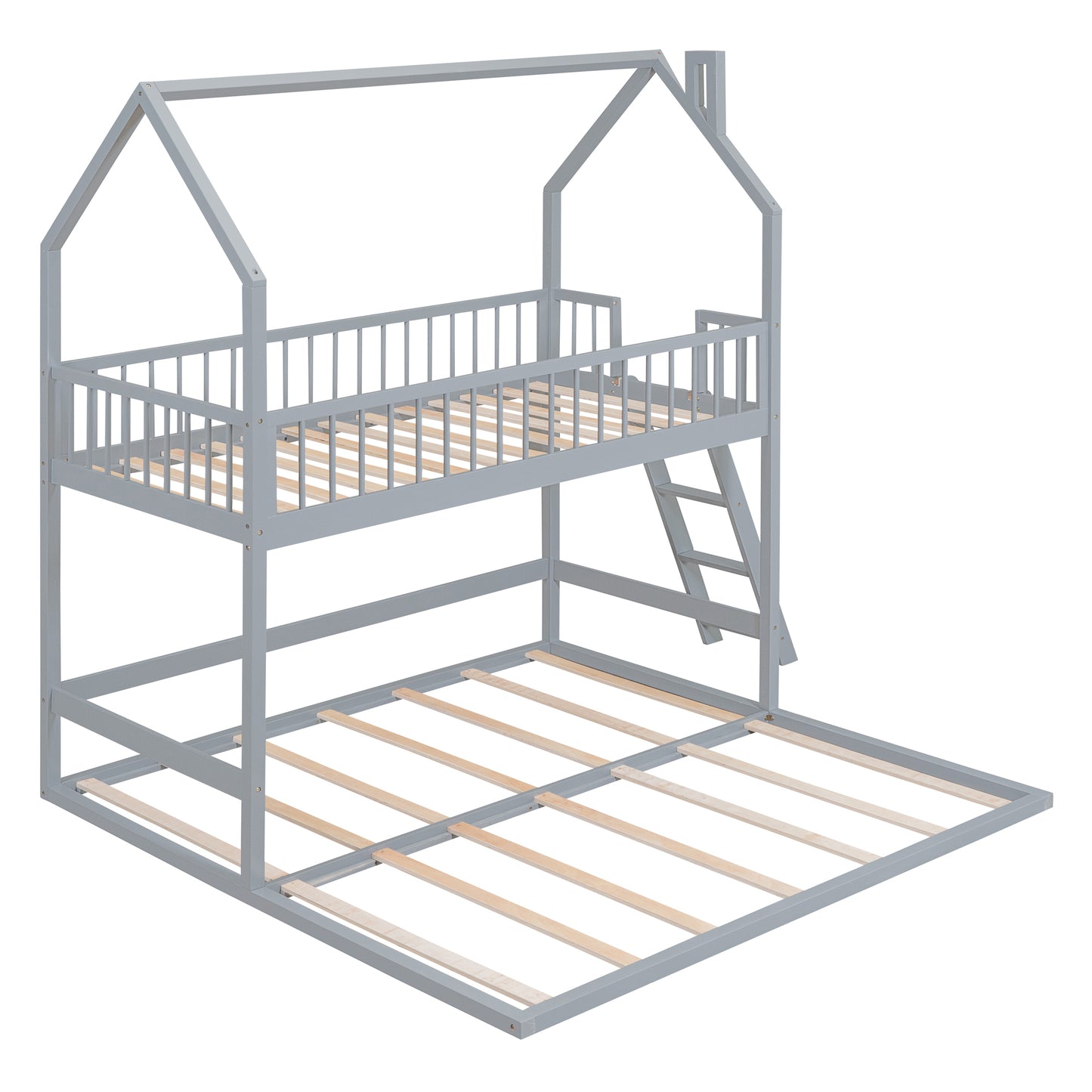 House-Shaped Twin Bunk Bed with Trundle, Ladder, and Artistic Design