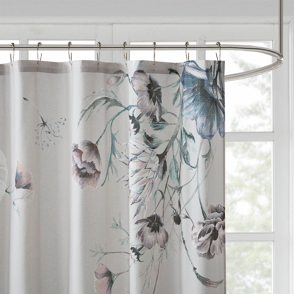 Blue Floral Print Cotton Bath Curtain