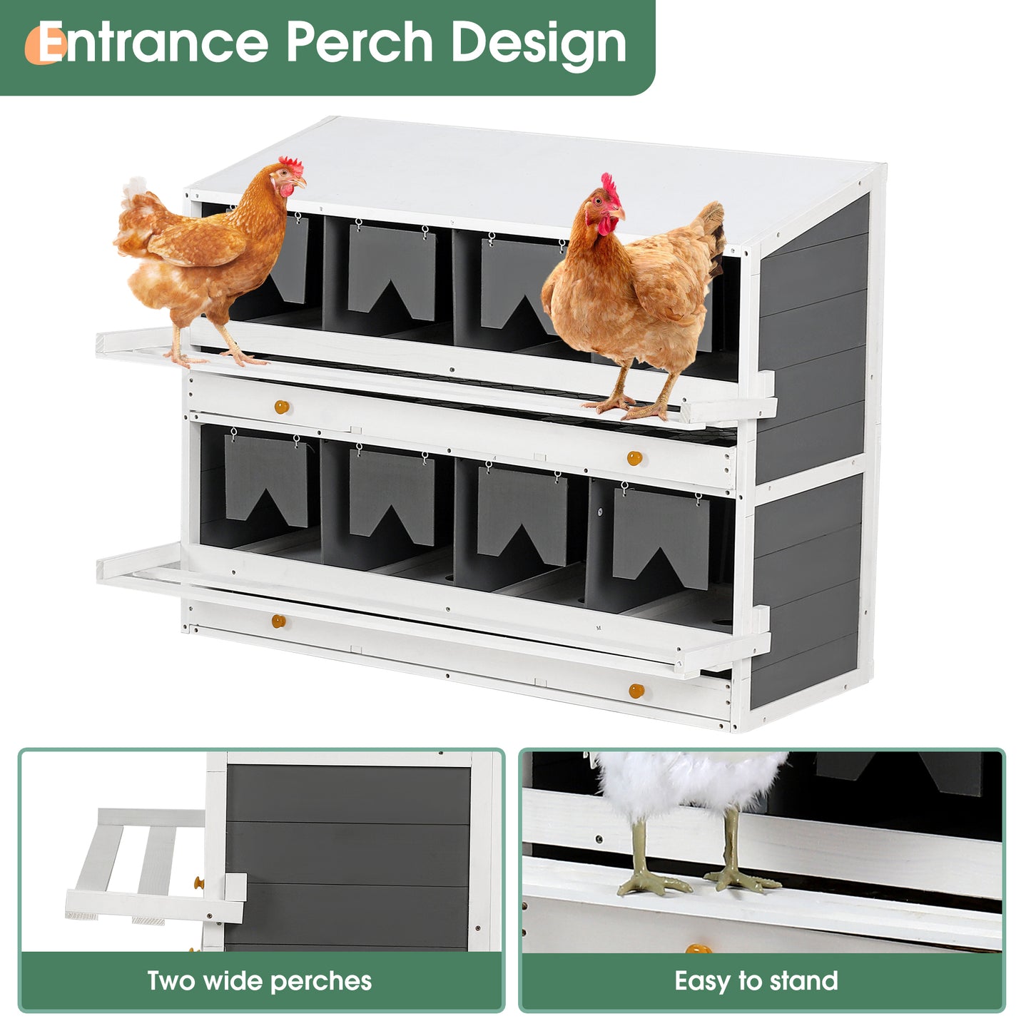 Wooden Chicken Nesting Box for Laying Eggs,Solid Pine Wood 8 Compartments Egg Laying Boxes for Hens with 2 Roll Out Egg Collection Drawers and 4 Vented Holes,2 Foldable Perches,47"Lx26.4"Wx35.4"H-Gray