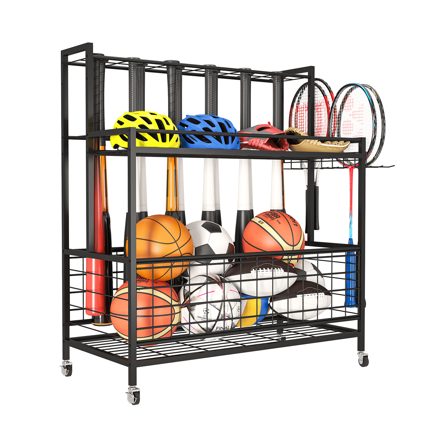 Sports Equipment Storage, Garage Sports Organizer, Baseball Bat Holder Holds 24 Bats Rolling Ball Cart with Wheels, Black