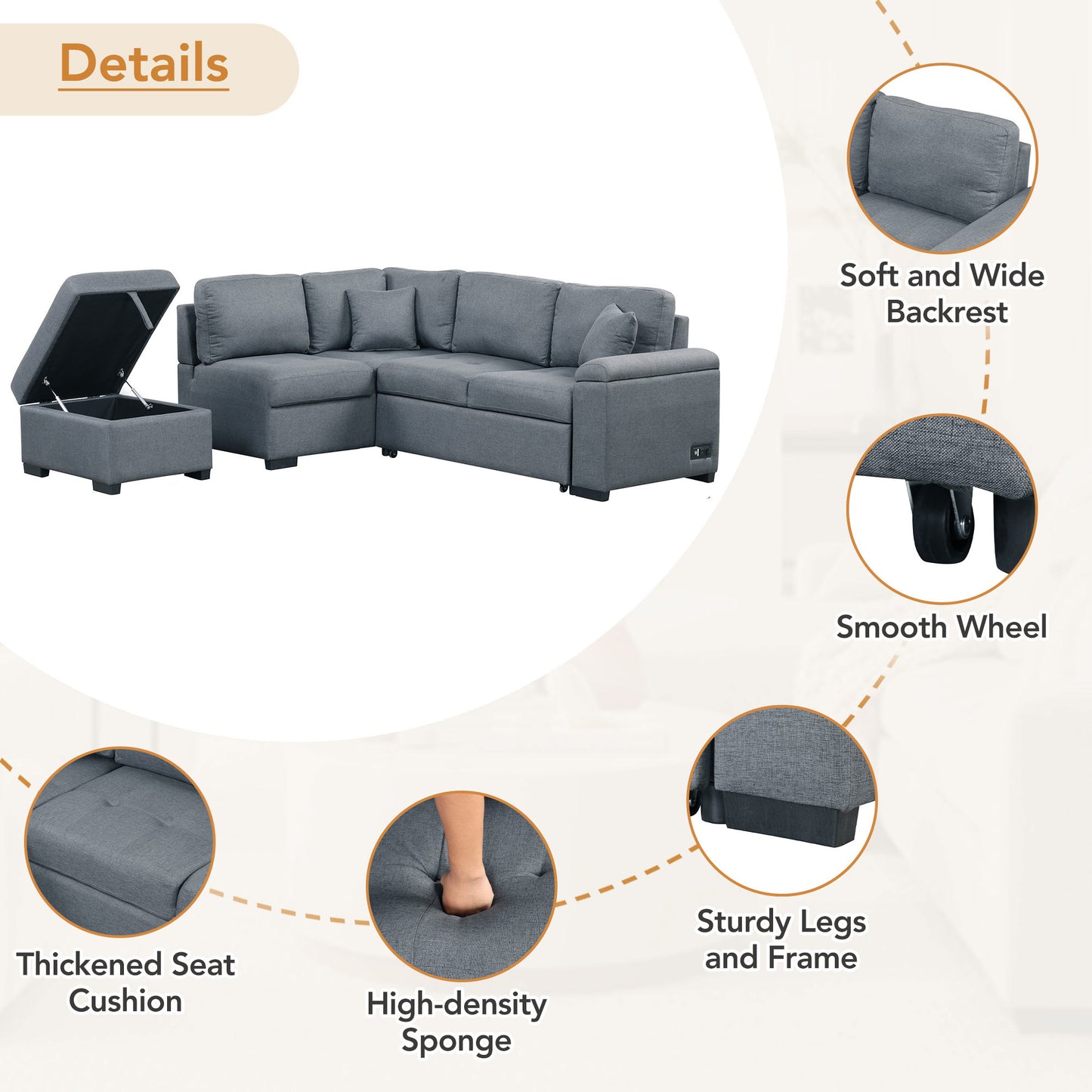 L-Shaped Sleeper Sectional Sofa with Ottoman and USB Charge, Dark Gray