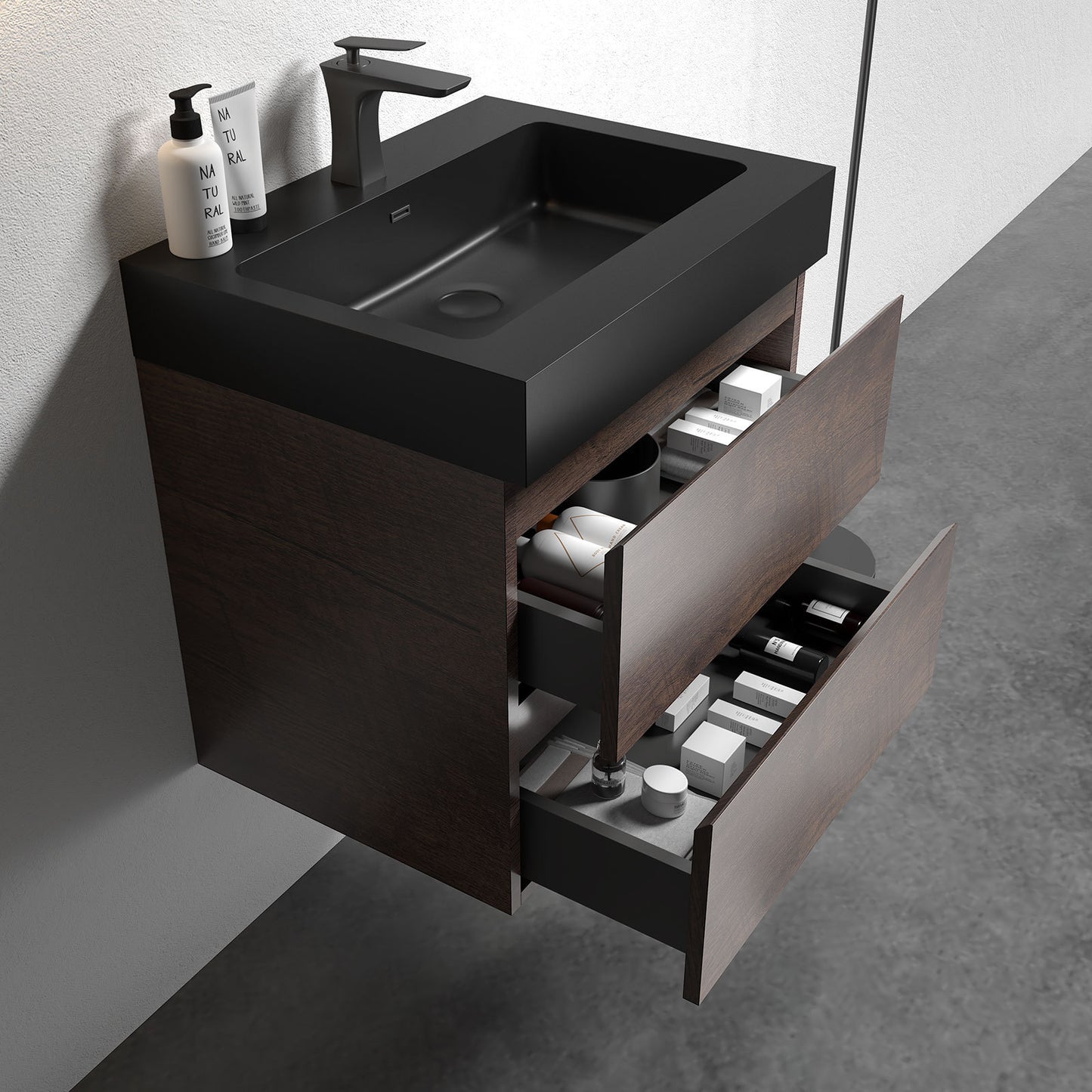 BB02-24-109, Integrated engineered quartz basin WITHOUT drain and faucet, matt black color