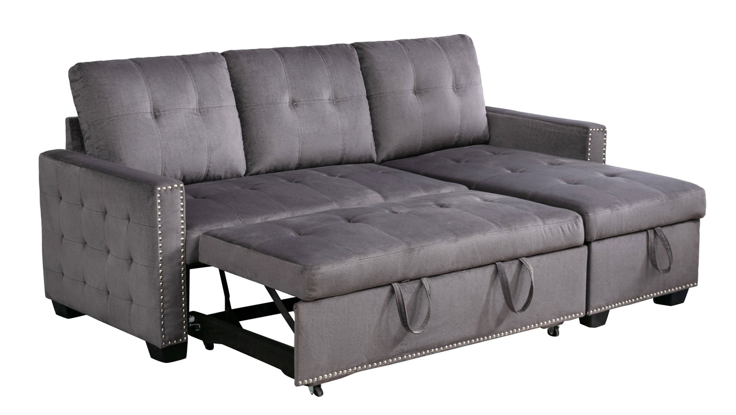 Luxurious Dark Grey Velvet L-Shape Sleeper Sectional Sofa Bed with Storage