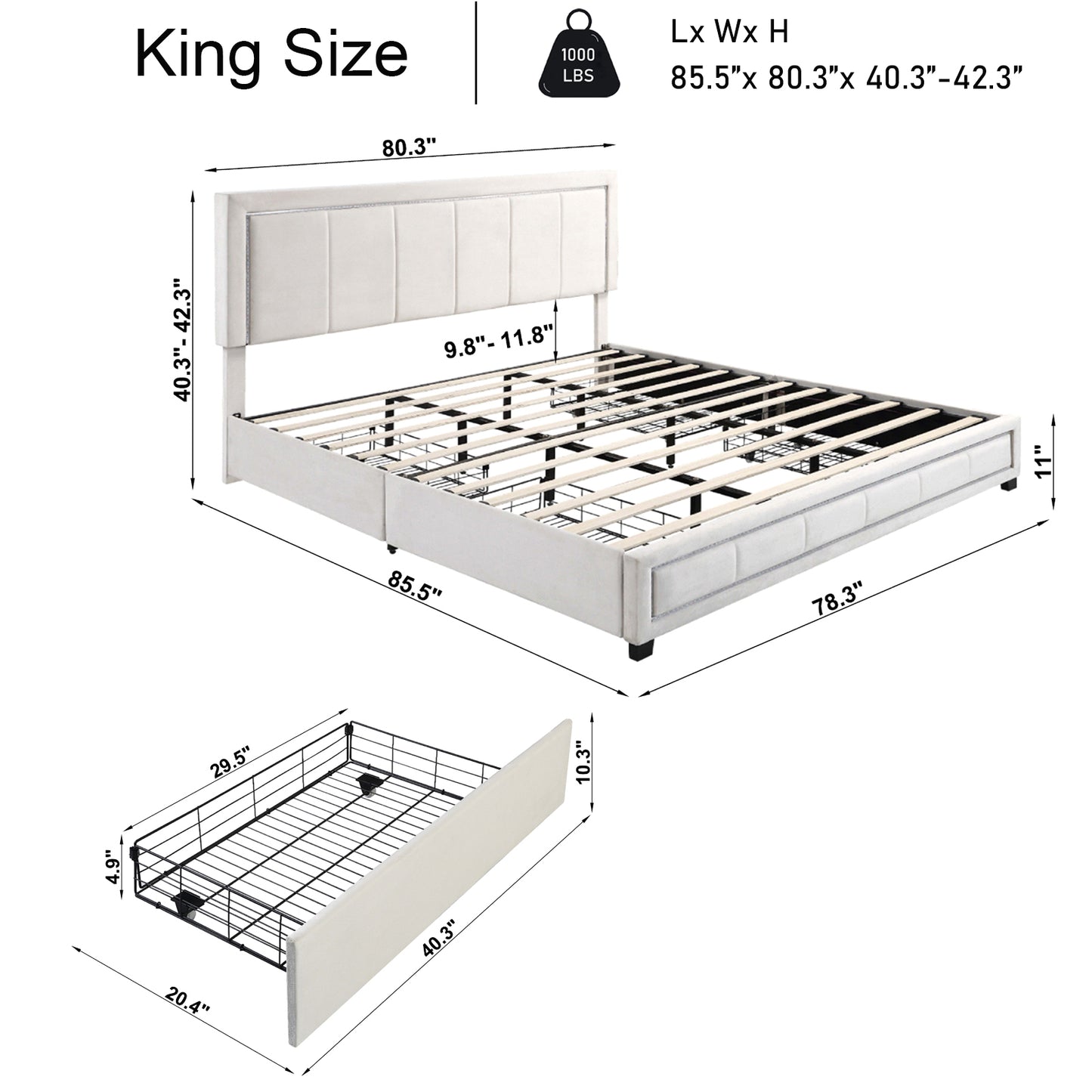 Upholstered Eastern King Size Platform Bed with LED Lights, Storage Bed with 4 Drawers, Beige color fabric