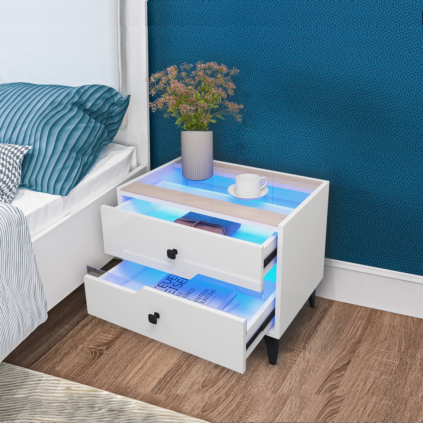 Smart Bedside Table, Nightstand with LED Light Nightstand Modern White High Gloss Bedside Table with 2 Storage Drawers for Bedroom Wooden Smart Side Table End Table with LED Lights (White)