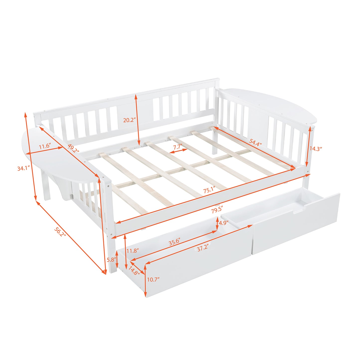 Full size Daybed with Two Drawers, Wood Slat Support, White