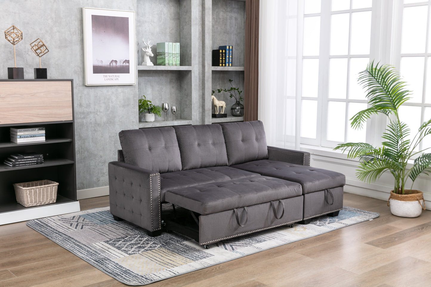 Luxurious Dark Grey Velvet L-Shape Sleeper Sectional Sofa Bed with Storage