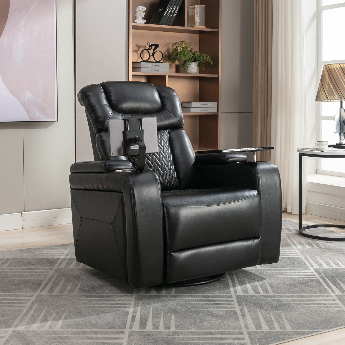 Luxury Black Swivel Recliner Chair with Tray Table, Phone Holder, and USB Port