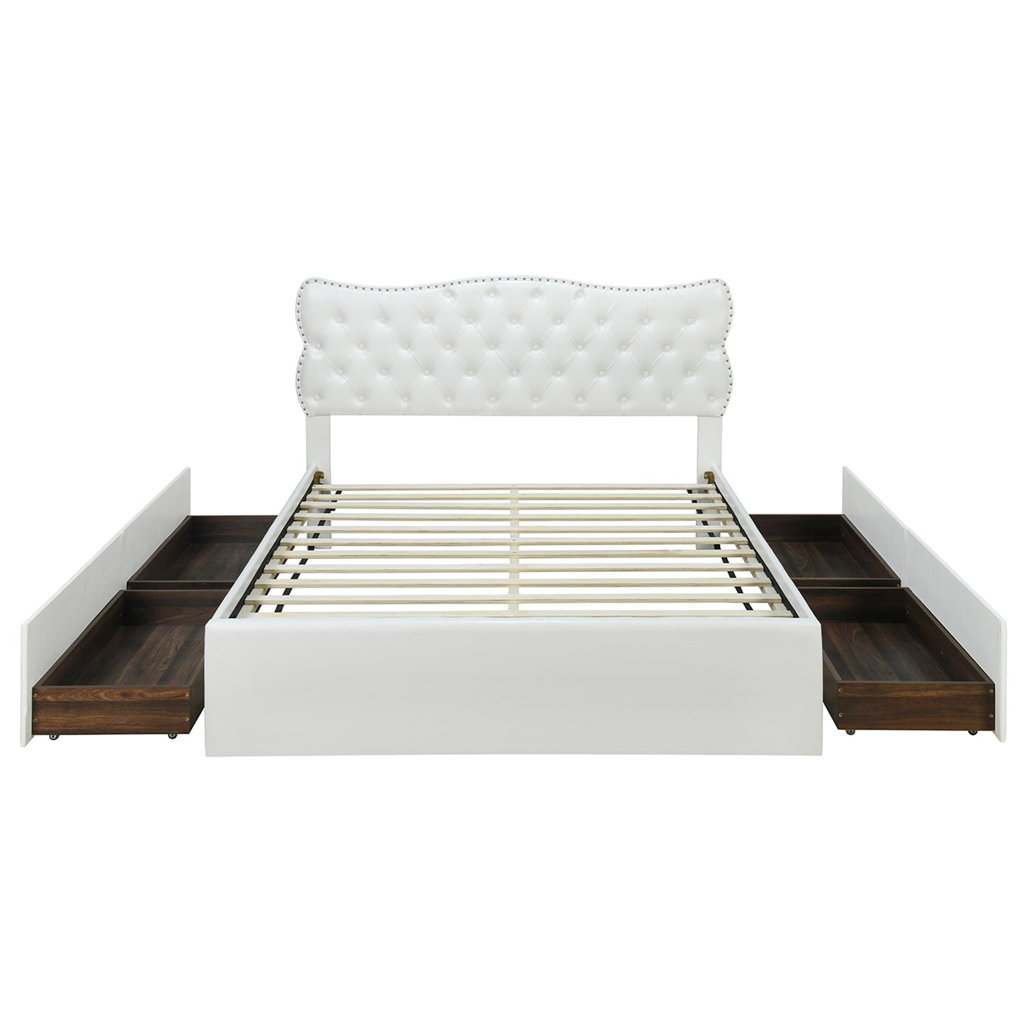 Full Size Bed Frame with 4 Storage Drawers,Leather Upholstered Platform Heavy Duty Bed,Wood Slat Support,White