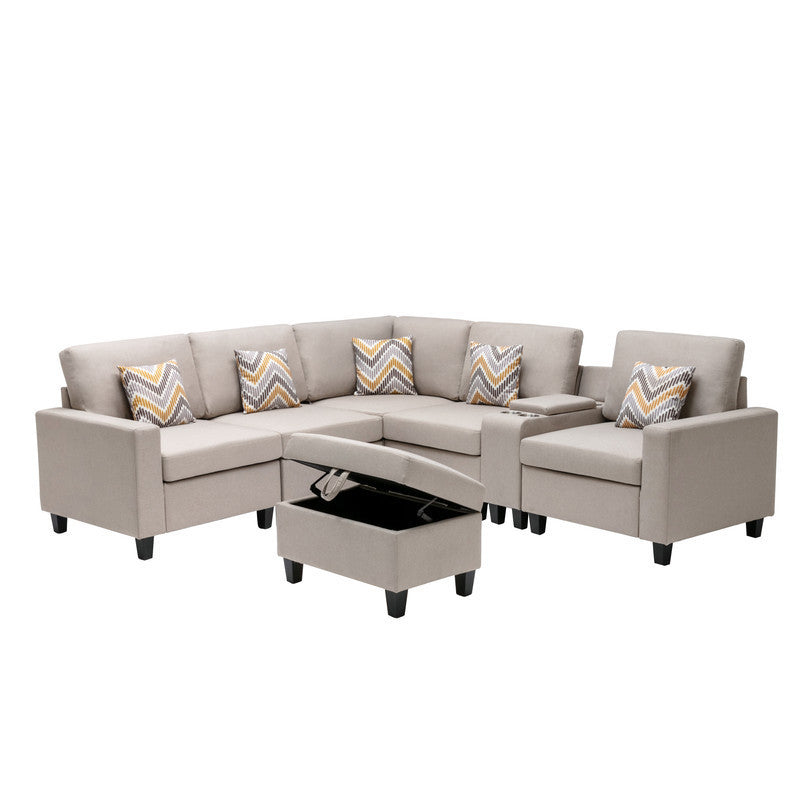 Nolan Beige Linen 7-Piece Sectional Sofa with Interchangeable Legs, Storage Ottoman, USB Charging Ports, and Cupholders