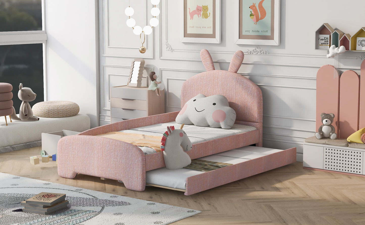 Twin Size Upholstered Platform Bed with Cartoon Ears Shaped Headboard and Trundle, Pink