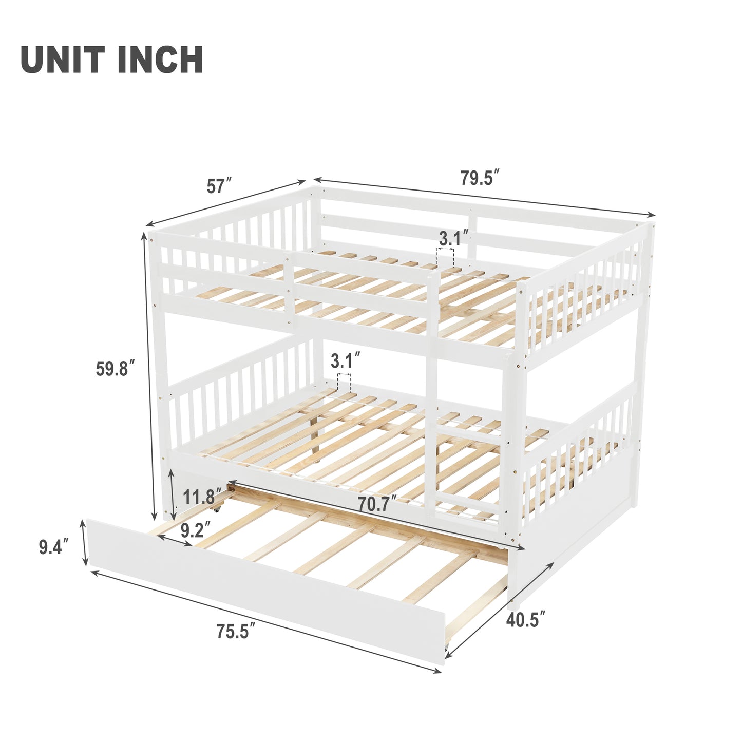 Multifunctional White Full Over Full Bunk Bed with Trundle and Modern Design