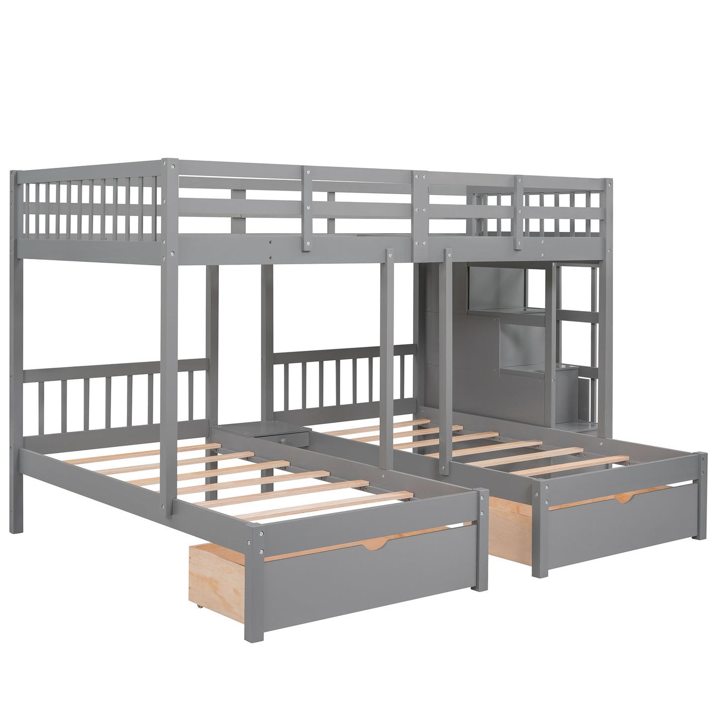 Triple Bunk Bed with Storage Drawers - Space-Saving Gray Design