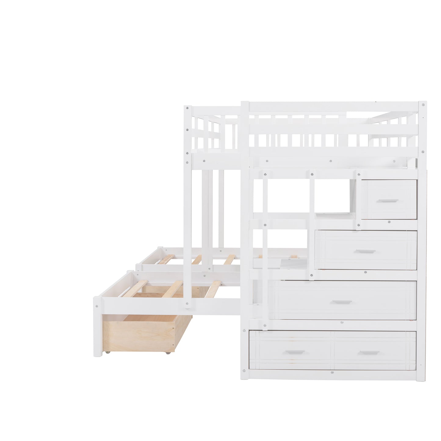 Three-Level Wooden Bunk Bed with Drawers, Full Over Twin & Twin Bunk Bed with Guardrails (White)