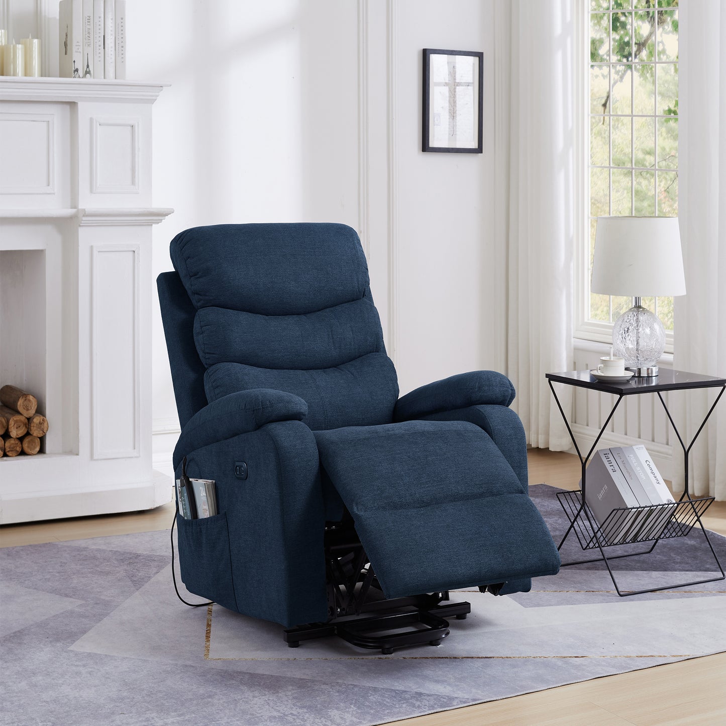 Electric Power Lift Recliner Chair Sofa with Heating, Massage, and USB Port in Soft Blue Fabric