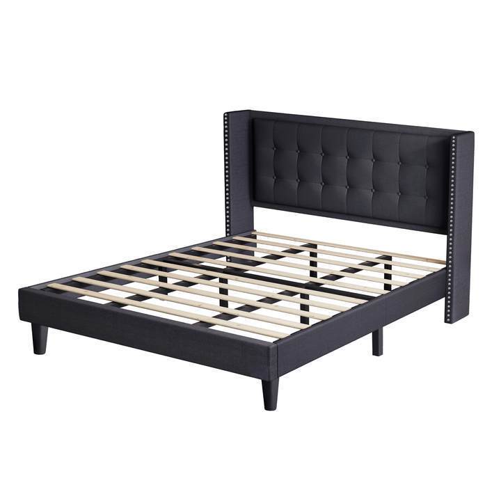 Molblly King Size Bed Frame with Upholstered Headboard, Strong Frame, and Wooden Slats Support, Non-Slip, and Noise-Free, No Box Spring Needed, Easy Assembly, Dark Grey