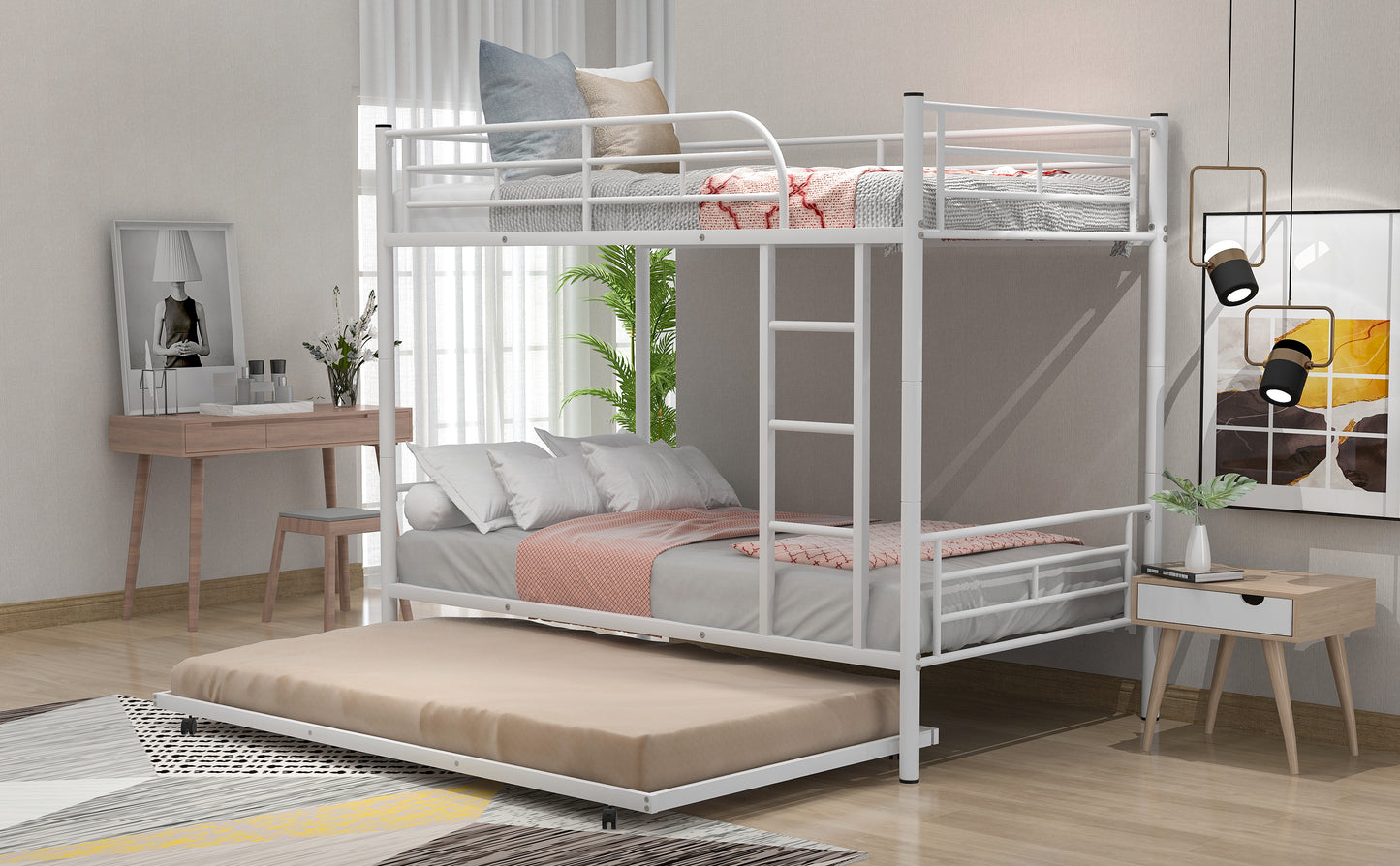 Trio Metal Bunk Bed With Trundle, Convertible to Two Beds, White (MF194806AAK)