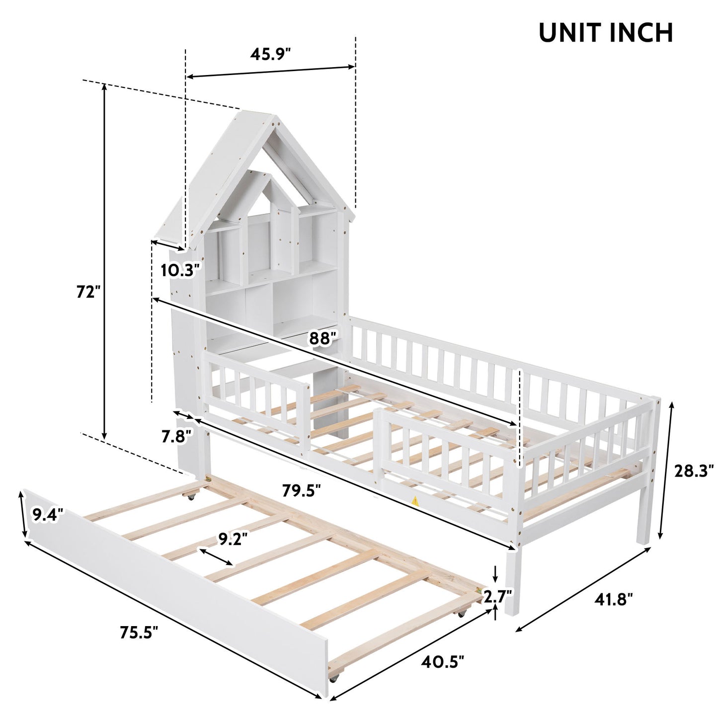 Twin Size House-Shaped Headboard with Fence Guardrails and Trundle,White