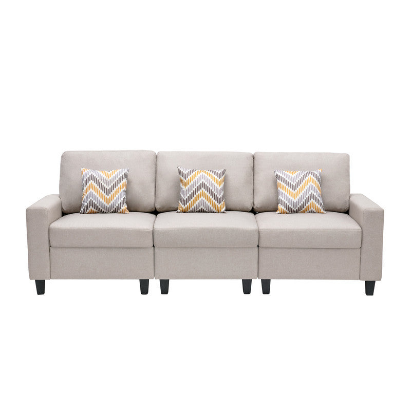 Nolan Beige Linen Fabric Sofa with Pillows and Interchangeable Legs