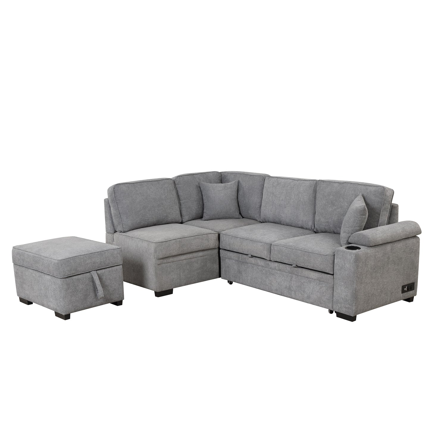 87.4 Gray L-Shaped Sleeper Sofa Bed with Ottoman Storage