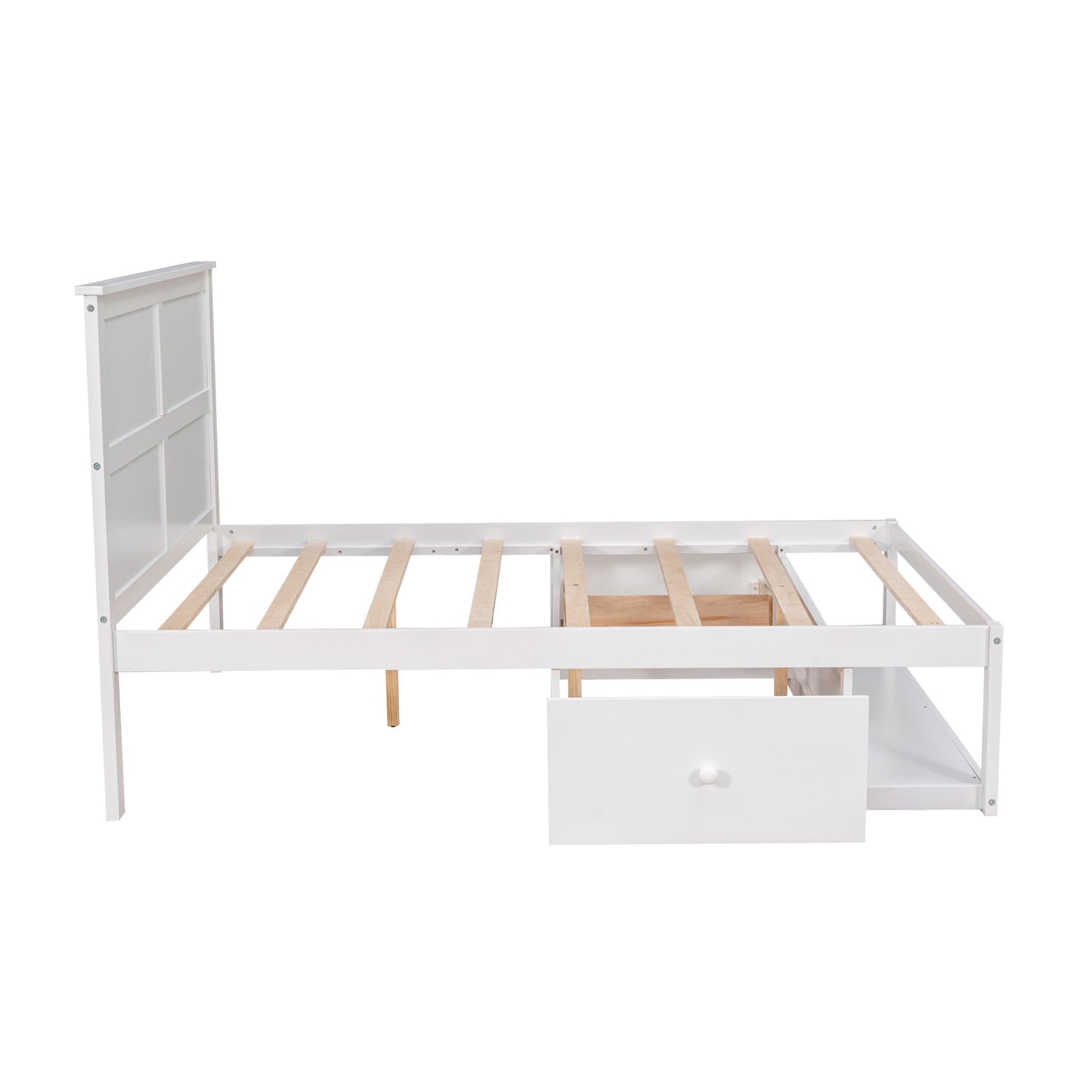 Full Size Platform Bed with Drawer on the Each Side and Shelf on the End of the Bed, White