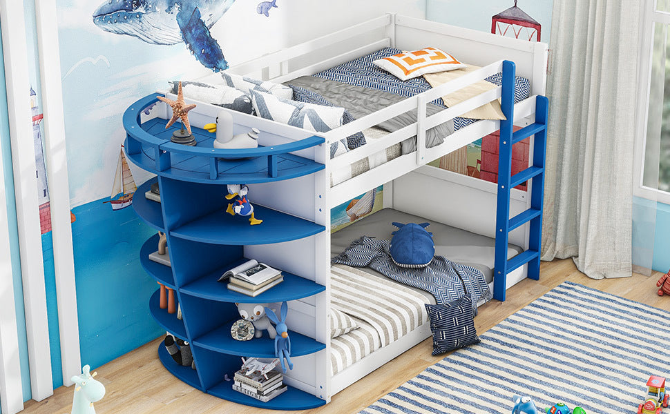 White and Blue Boat-Inspired Twin over Twin Bunk Bed with Storage Shelves