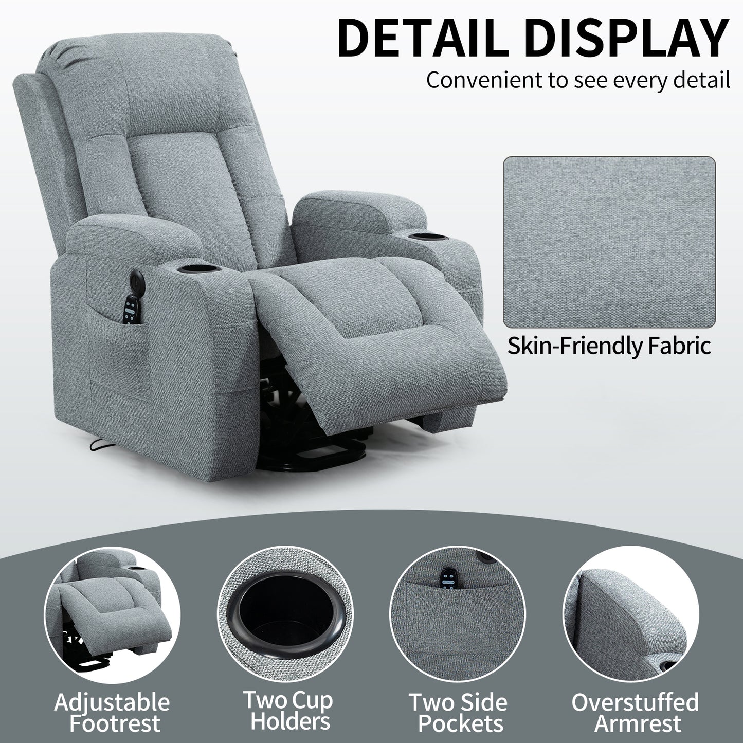 Infinite Position Okin Motor Power Lift Recliner Chair with Massage and Heating - Grey