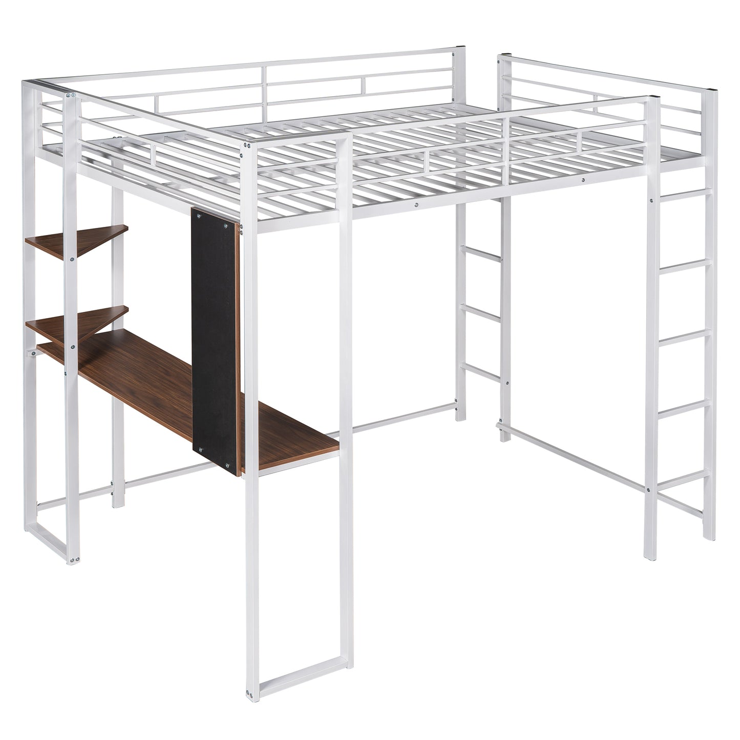 Full Size Metal Loft Bed with 2 Shelves and one Desk ,White