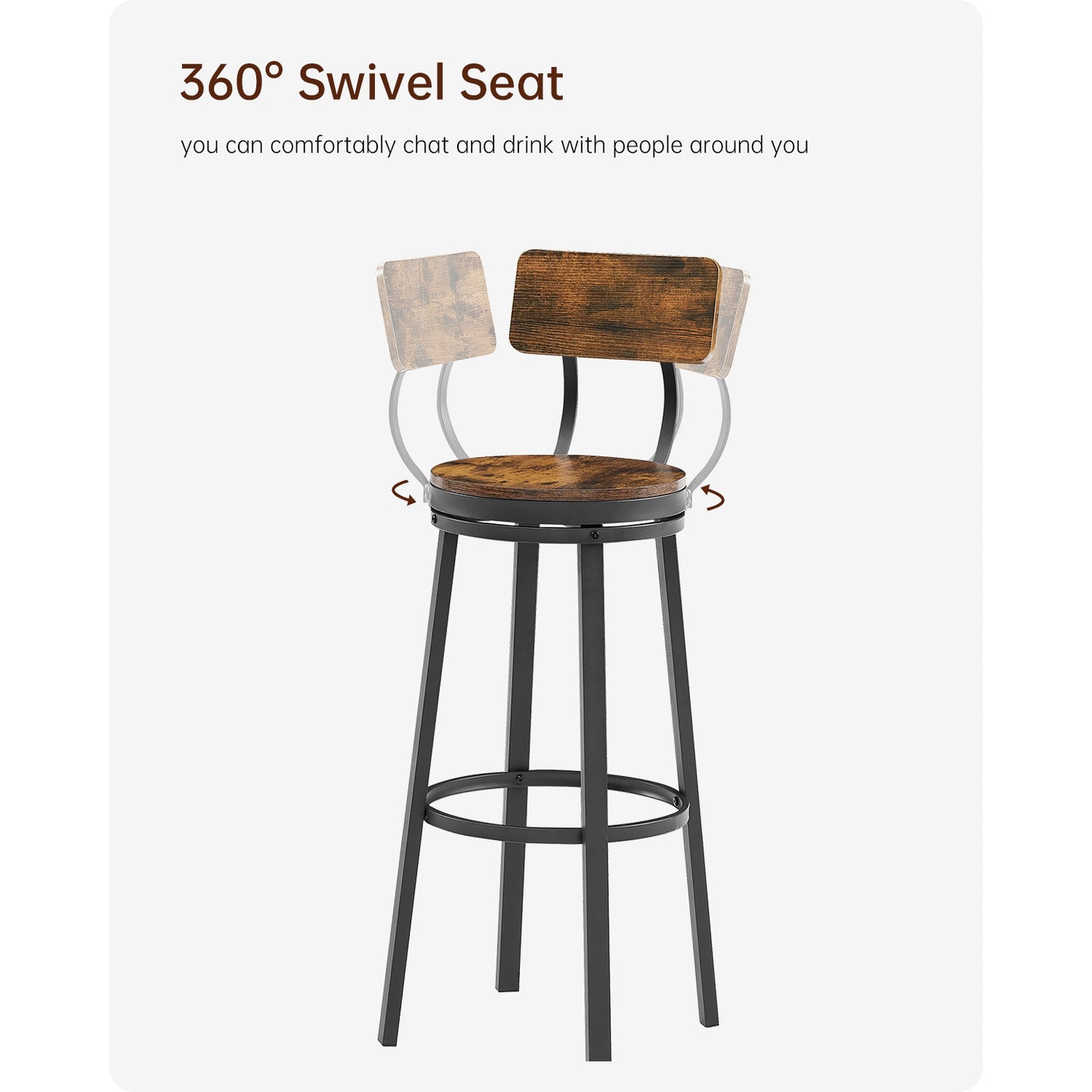 Set of 2 Industrial Swivel Bar Stools with Backrest