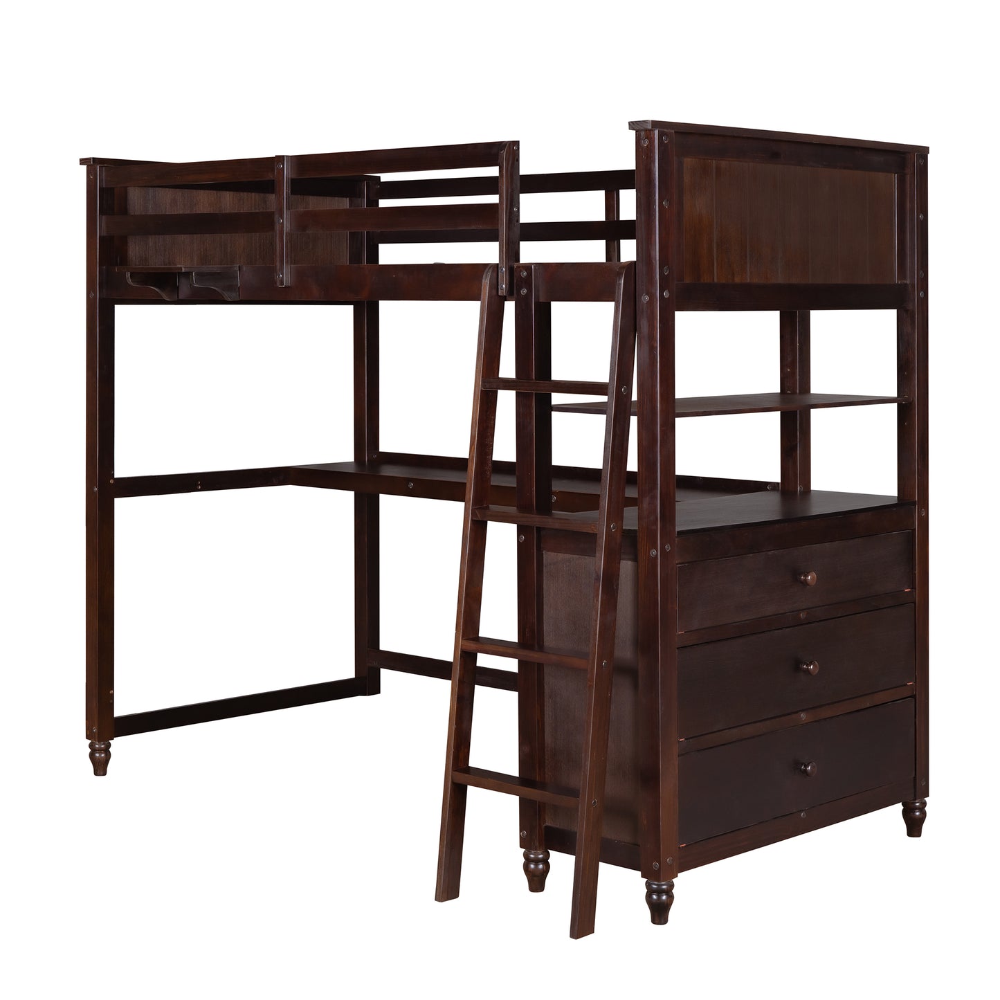 Twin size Loft Bed with Drawers and Desk, Wooden Loft Bed with Shelves - Espresso(: LT001530AAP)