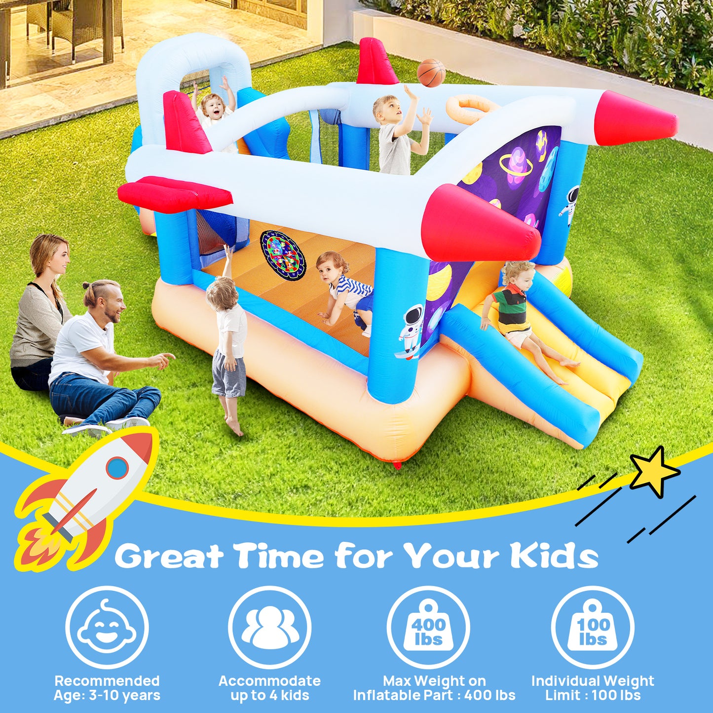 6-in-1 Multicolored Outdoor and Indoor Inflatable Bounce House for Kids with Target Ball, Basketball, and Slide, Including Blower