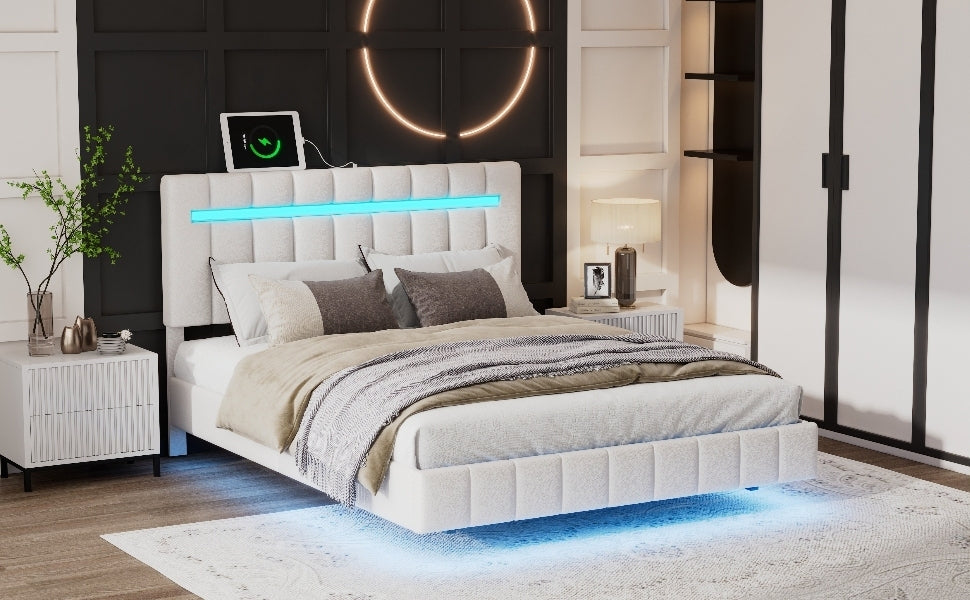 Full Size Floating Bed Frame with LED Lights and USB Charging,Modern Upholstered Platform LED Bed Frame,White(Full)