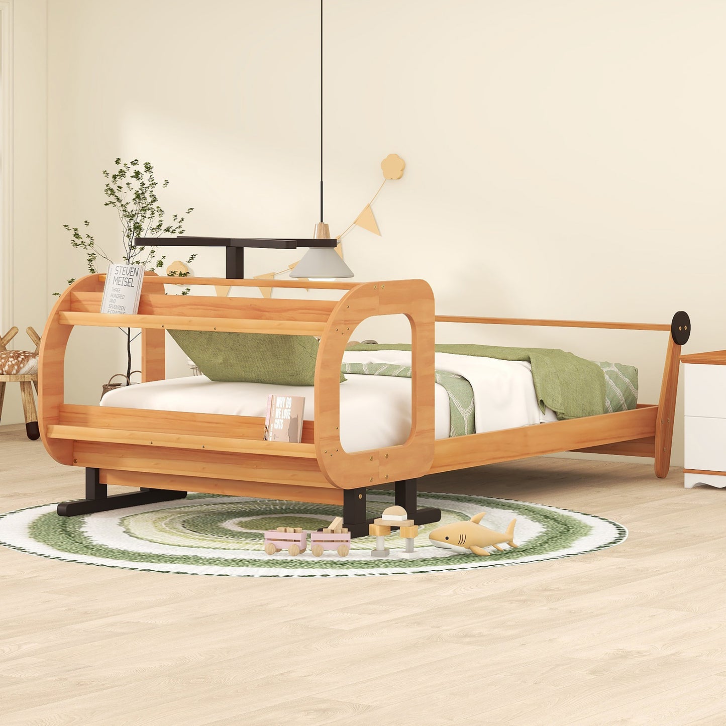 Twin Size Plane Shaped Platform Bed with Rotatable Propeller and Shelves, Natural