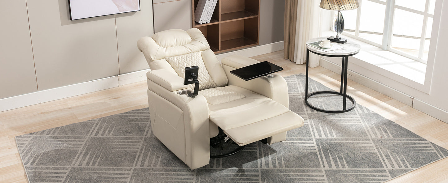 Power Recliner with Swivel, Cup Holder, USB Port, and Tray Table, White