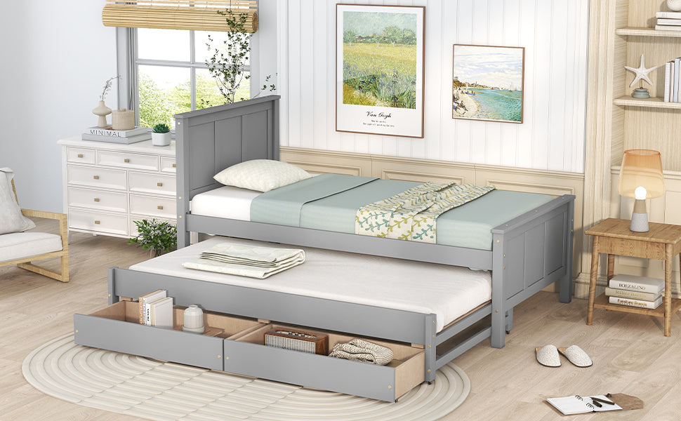 Twin Size Platform Bed with Trundle and Drawers, Gray