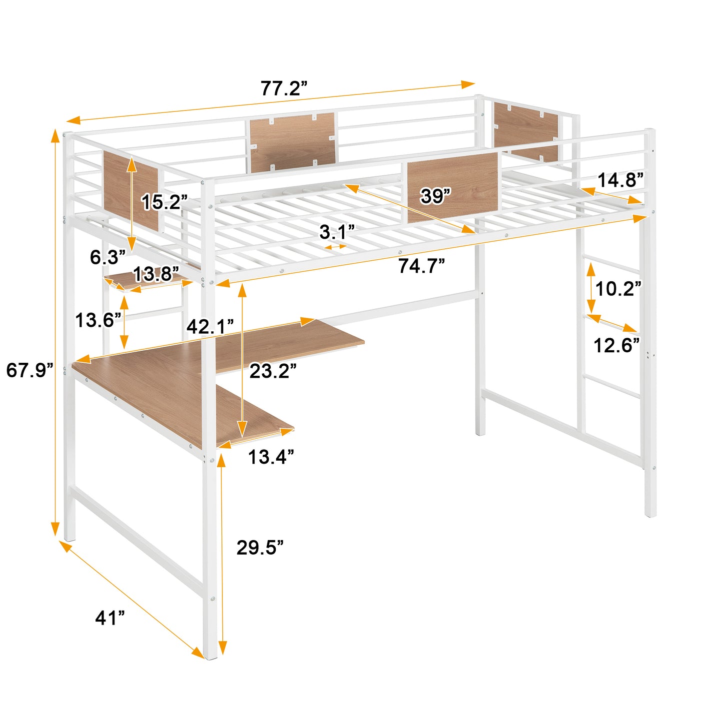 Twin Metal Loft Bed with Desk and Shelve,White