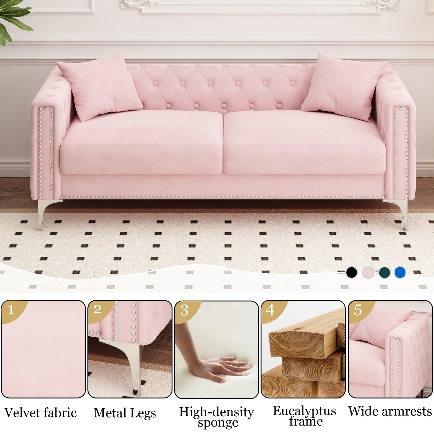 Sofa includes 2 pillows, 83 "pink velvet triple sofa, suitable for large and small Spaces