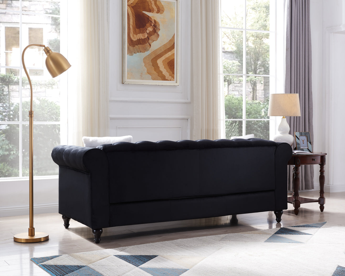 Black Velvet 3-Seater Sofa with Button Tufting and Copper Nail Detailing