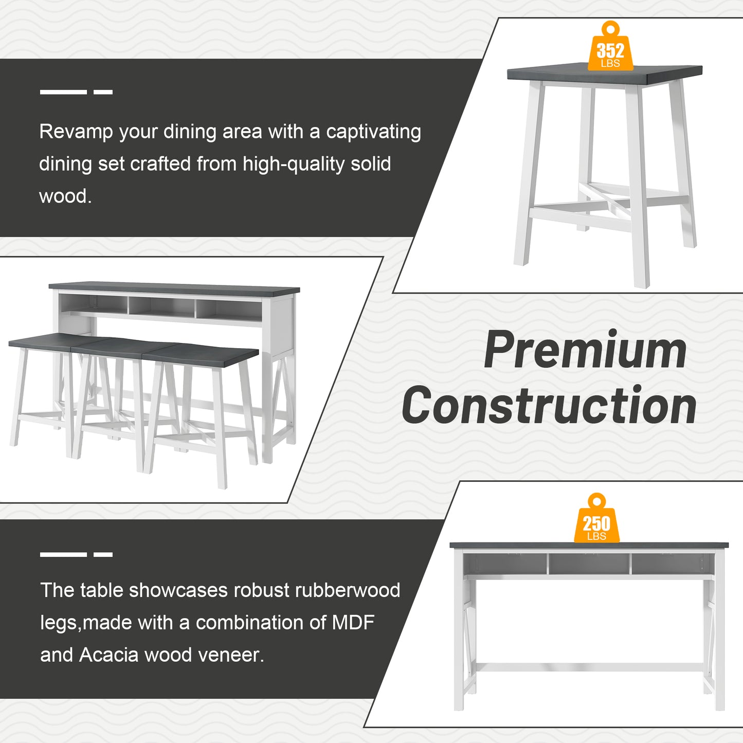 Farmhouse Counter Height 4-Piece Dining Table Set, 60" Console Kitchen Table Set with 3 Stools for Small Places,Gray