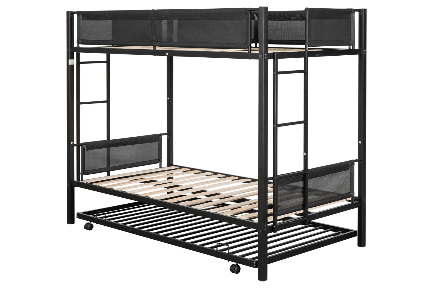 Metal Twin Bunk Bed with Trundle and Textilene Guardrails - Space-Saving Twin Over Twin Bunk Bed